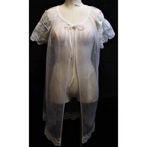 Vtg 60s Sexy Lingerie Short Sleeves Robe Cover Up White Sheer Lace Trim Sz Small